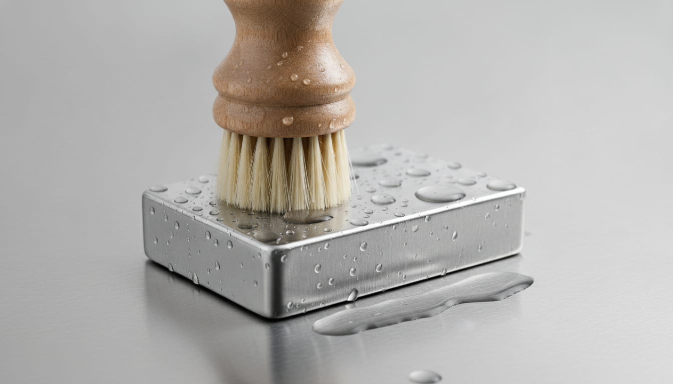 Brosse souple et savon non parfumé posés sur une surface en inox humide