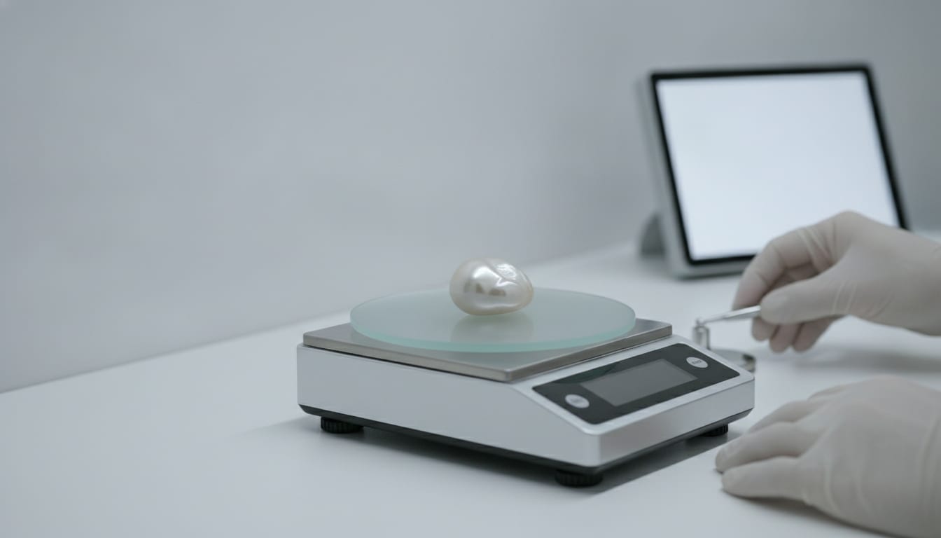 Balance de précision sur un établi clair, petit objet posé sur le plateau