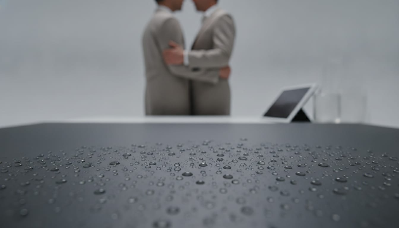 Macro d’une surface en silicone mat couverte de gouttelettes d’eau, lumière rasante