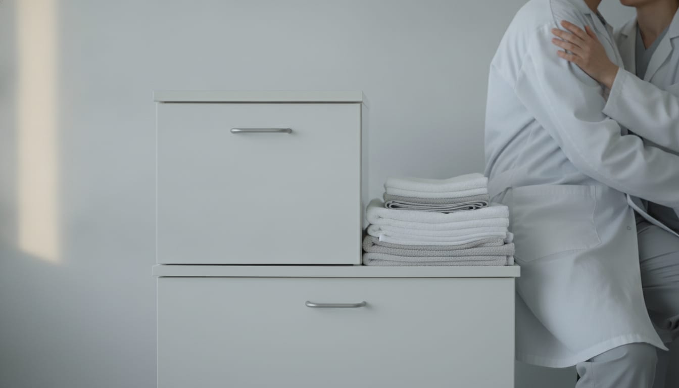 Placard fermé avec du linge plié empilé à côté, lumière douce