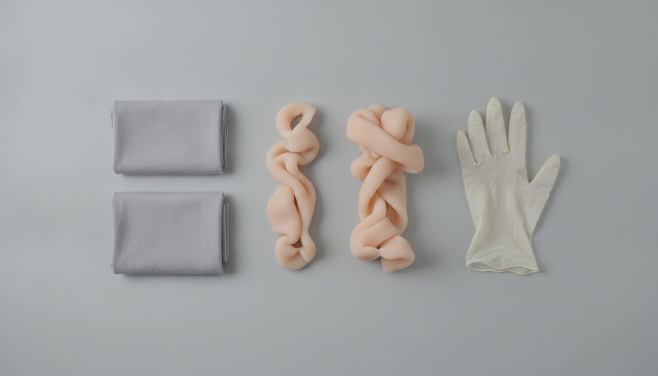 Plan de travail d’essai avec objets en silicone mat, chiffons pliés et gants alignés, lumière zénithale